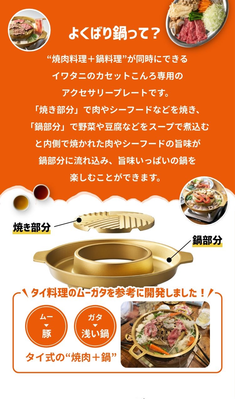 よくばり鍋って？“焼肉料理＋鍋料理”が同時にできるイワタニのカセットこんろ専用のアクセサリープレートです。「焼き部分」で肉やシーフードなどを焼き、「鍋部分」で野菜や豆腐などをスープで煮込むと内側で焼かれた肉やシーフードの旨味が鍋部分に流れ込み、旨味いっぱいの鍋を楽しむことができます。